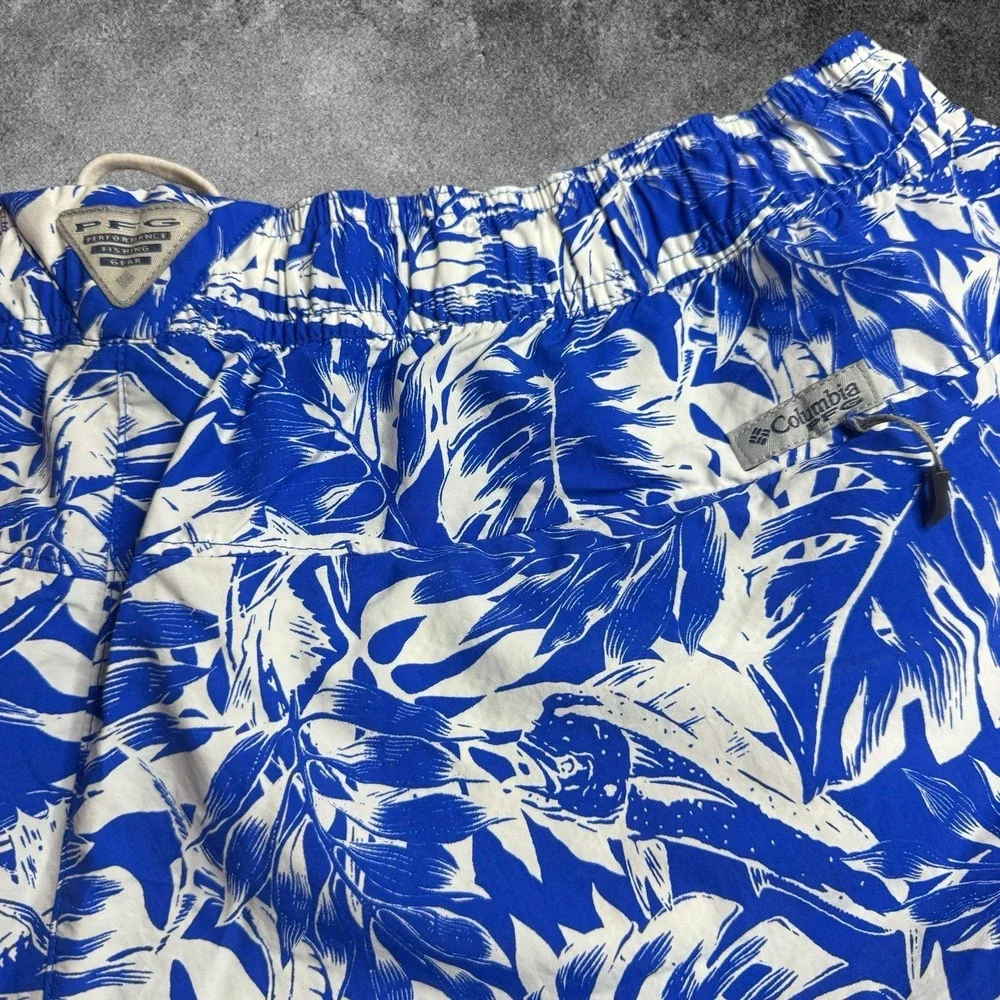 Columbia PFG Swim Trunks Mens XL Blue White Tropical Leaf Print Beach Shorts NWT